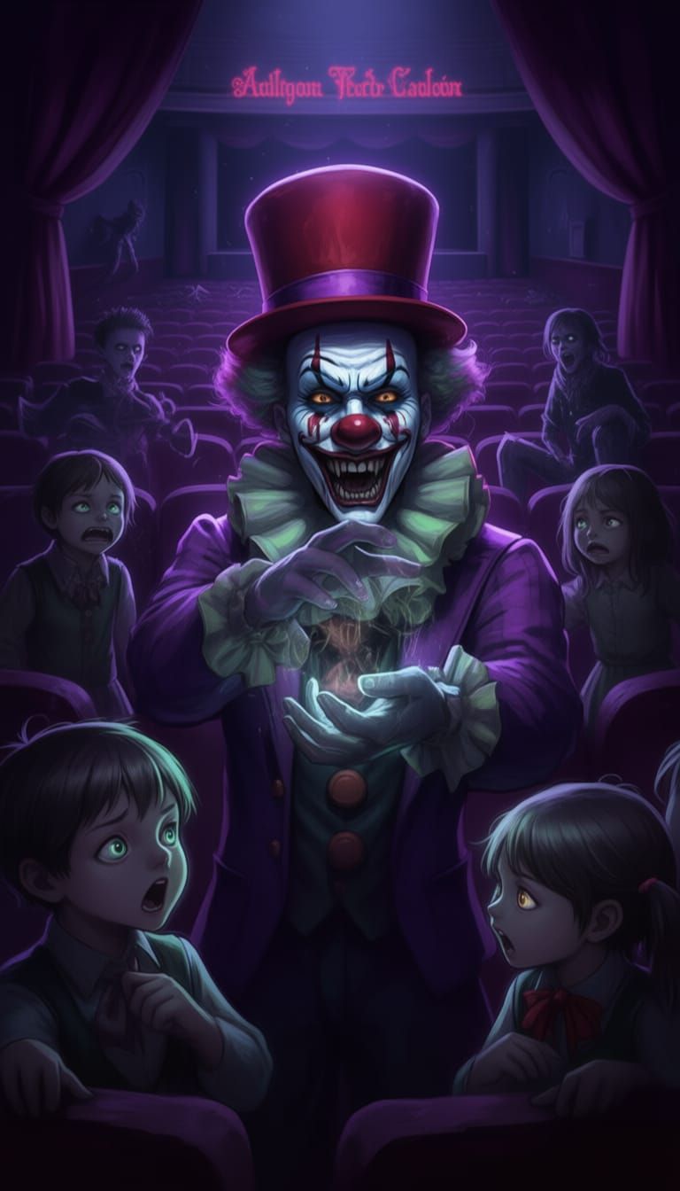 Sinister Anime Clown Performing Dark Magic in Haunted Theatr...