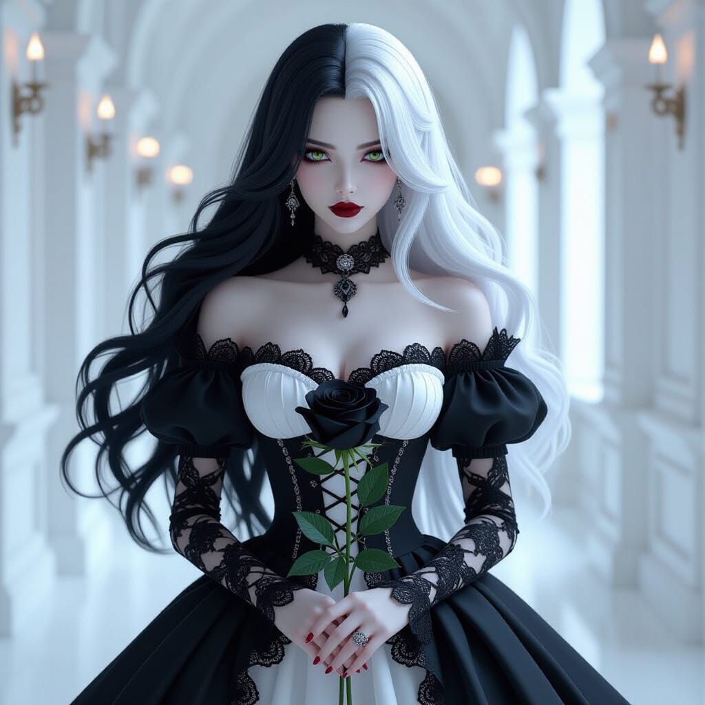 Gothic Anime Woman with Black and White Hair