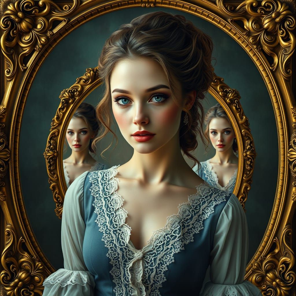Hyperrealistic Portrait of Elegant Woman in Infinite Frame