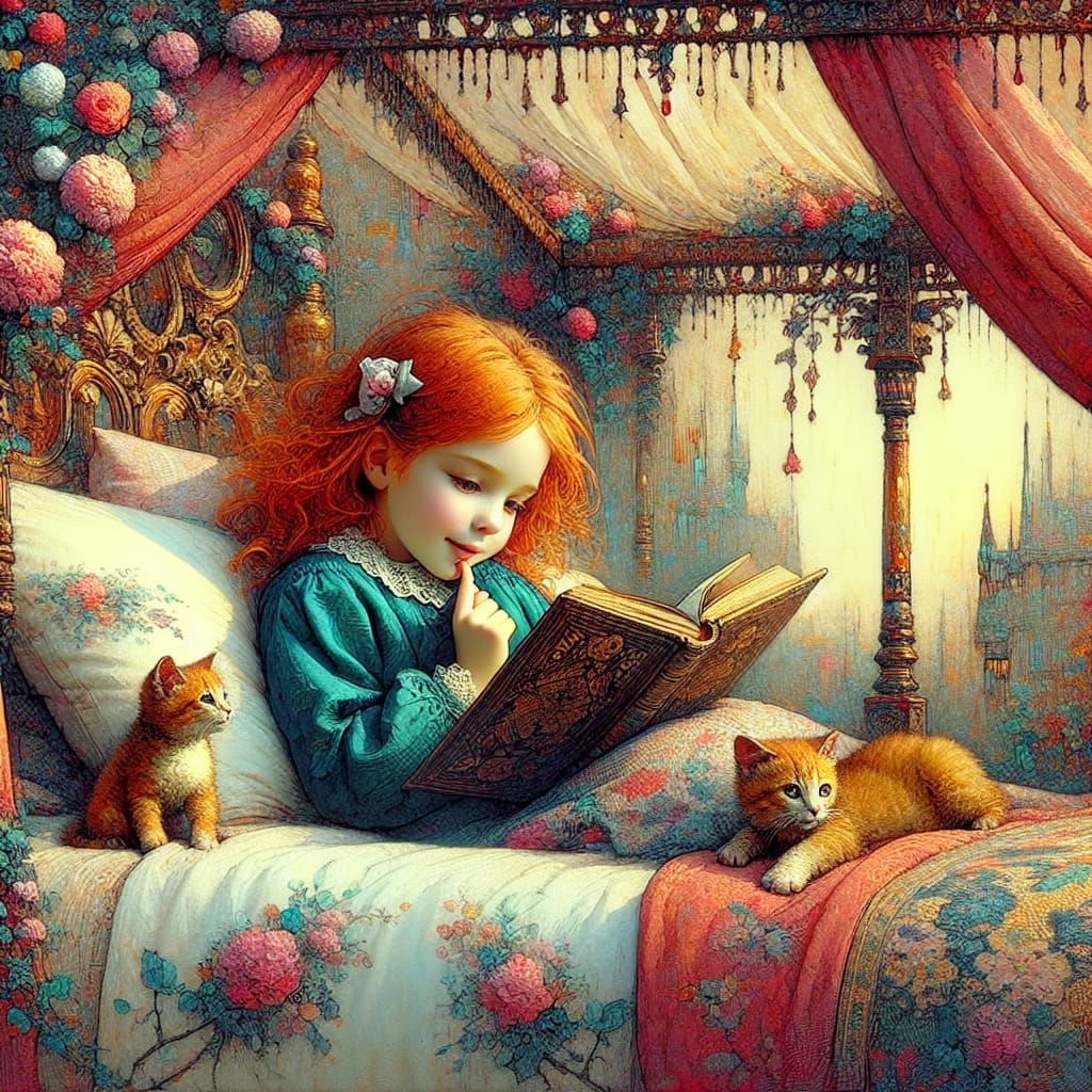 Victorian Girl Reading with Cats, Gouache Illustration