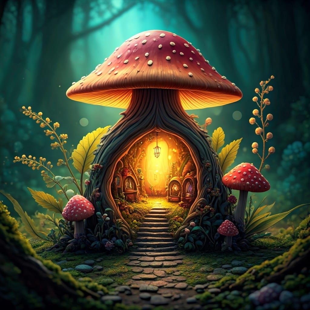 Prismatic Fairy World Inside Mushroom, Watercolor Style