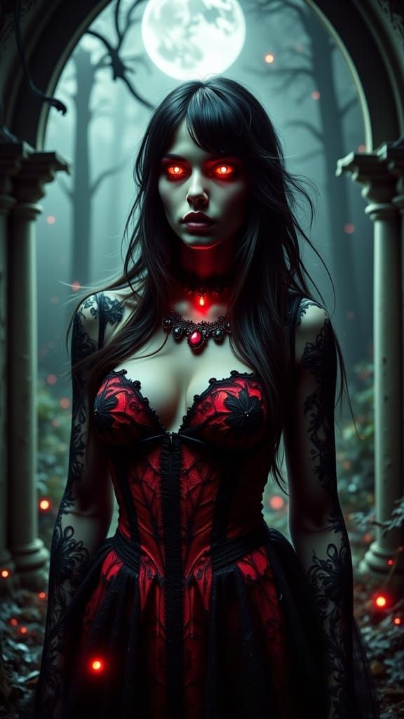 Ethereal Red Riding Hood Lost in Moonlit Ruin