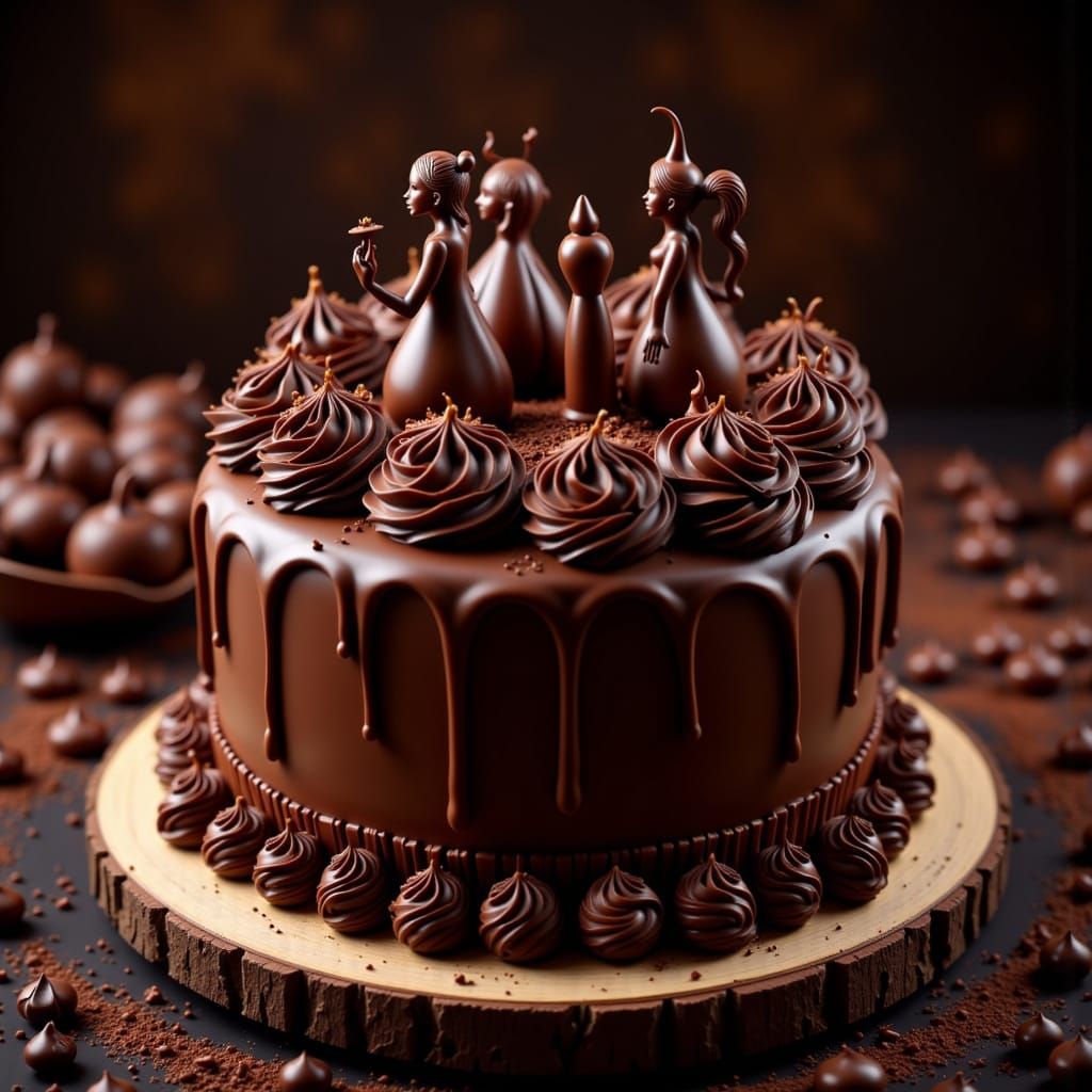 Decadent Chocolate Cake with Intricate Figures and Drops