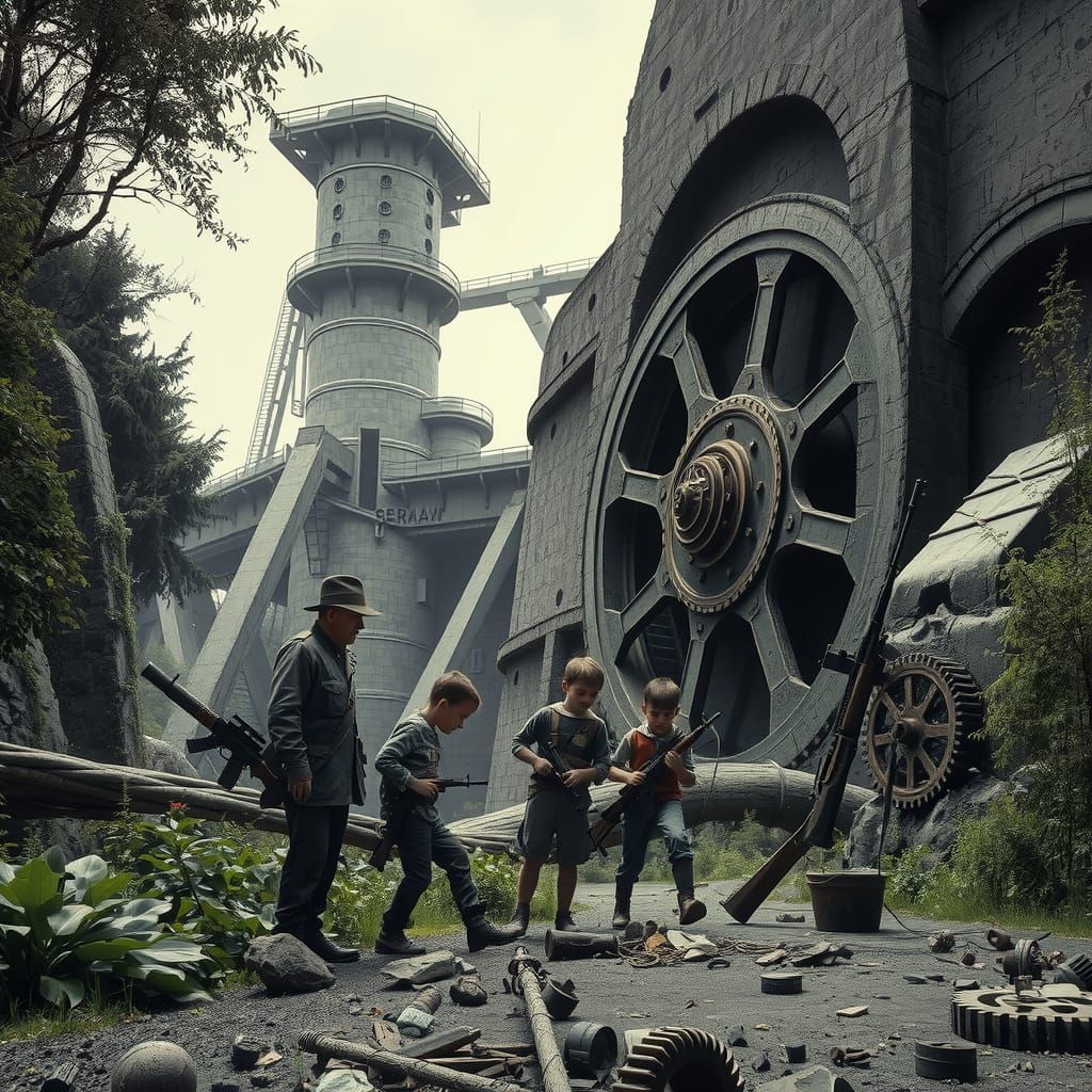 Nostalgic Coal Mine Entrance in Dystopian Sci-Fi Style