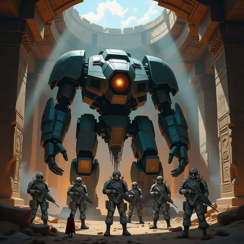 Soldiers Guarding a Giant Robot