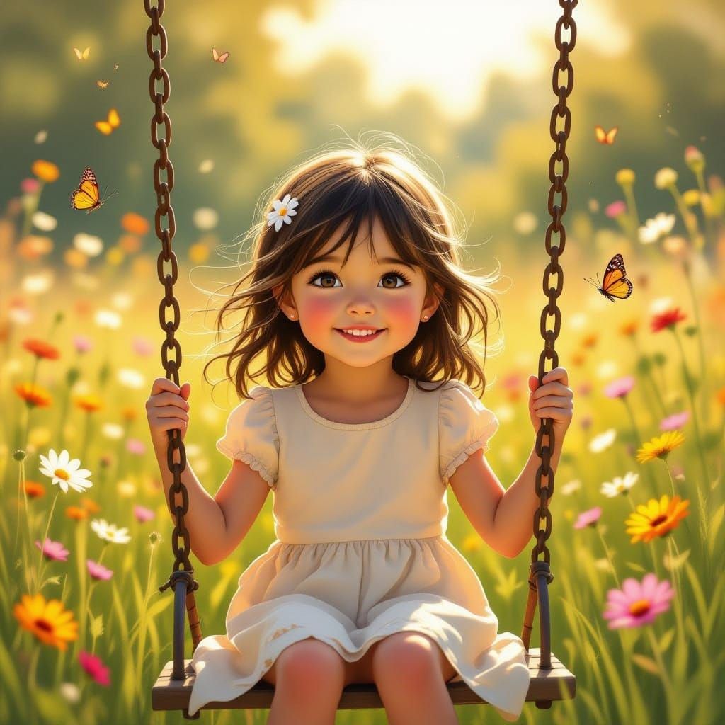Joyful Girl on Swing in Wildflower Meadow