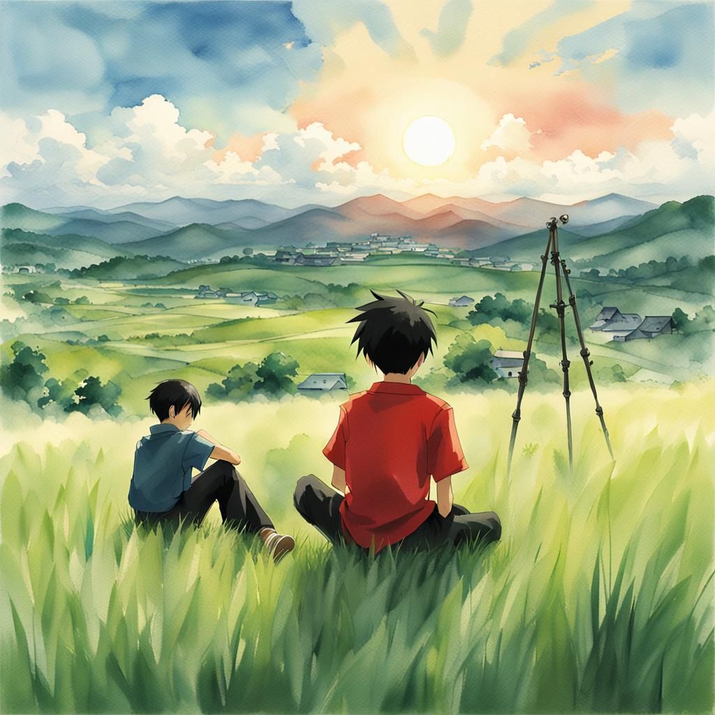 Idyllic Anime Landscape with Boy in Field