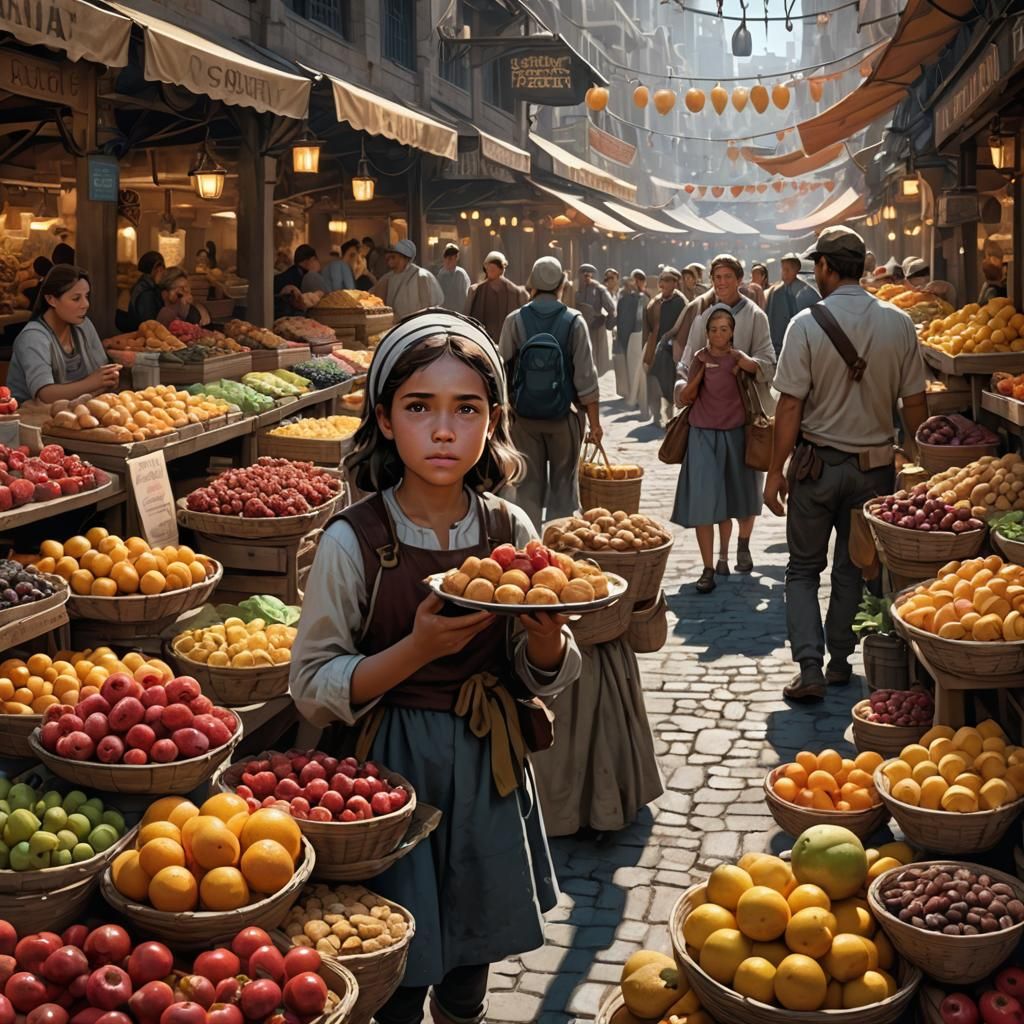 Girl in Bustling Marketplace: Hyperdetailed Concept Art