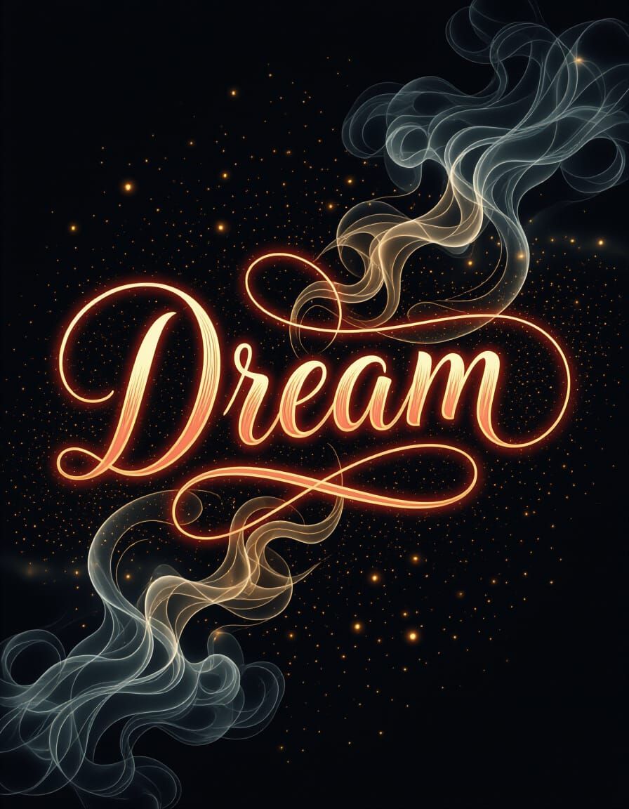 Dream in Bioluminescent Script with Golden Particles