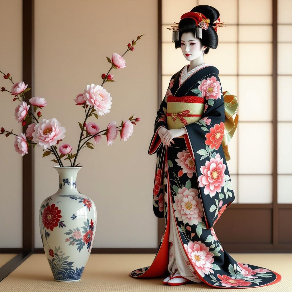 Elegant Geisha in Modern Kimono, Art Nouveau Style
