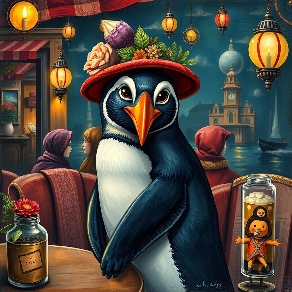 Whimsical Nighttime Scene of a Penguin Herbalist in Ruby Hue...