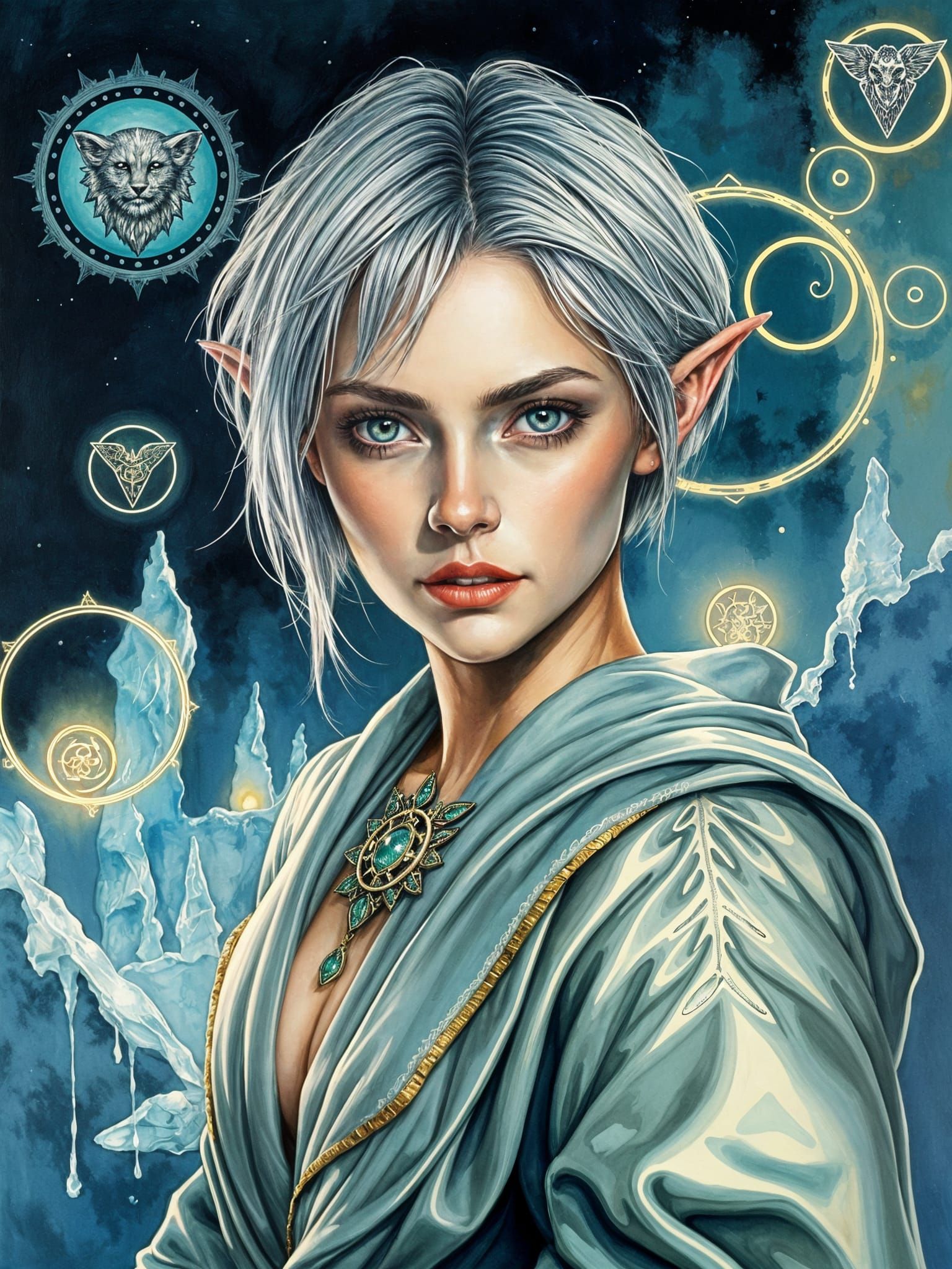 Ethereal Elf Princess with Runes, Impressionist Gouache