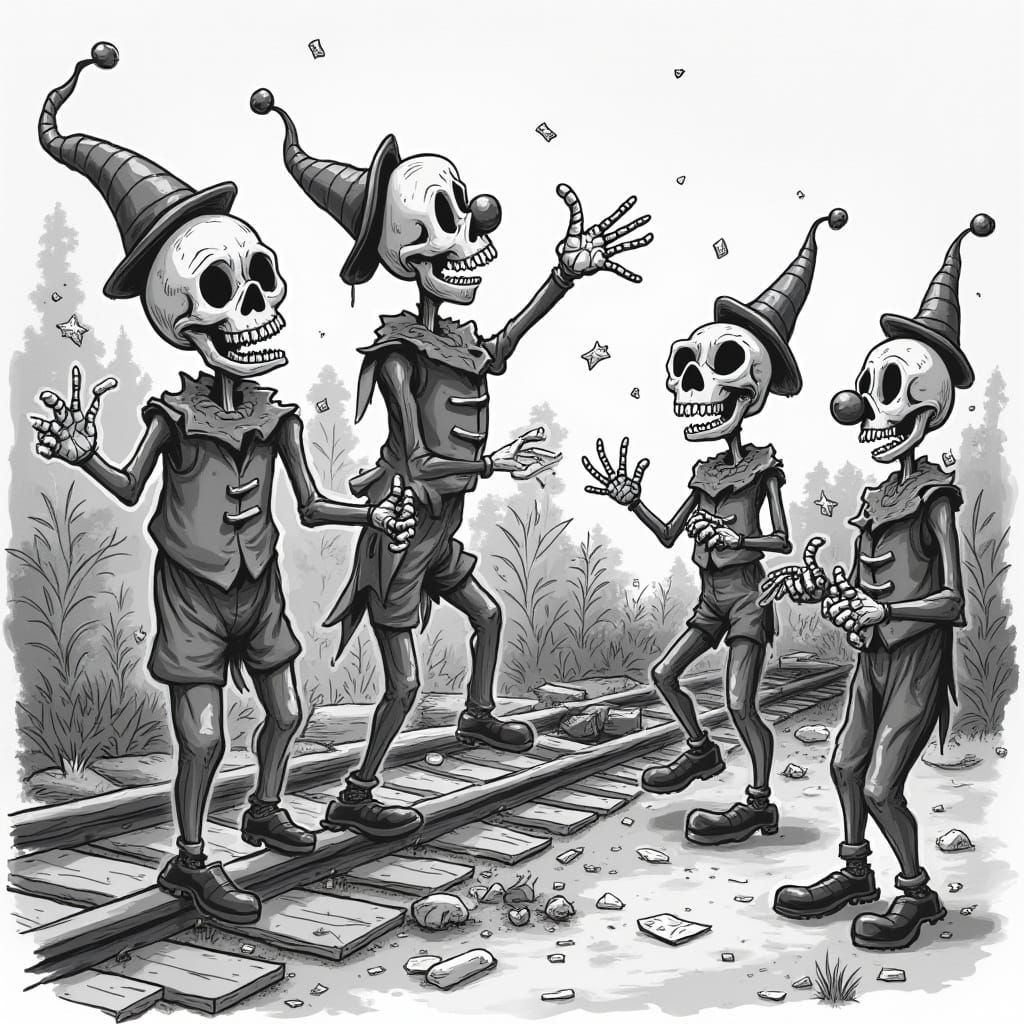 Skeletal Clowns' Circus Wreckage in Classic Cartoon Style