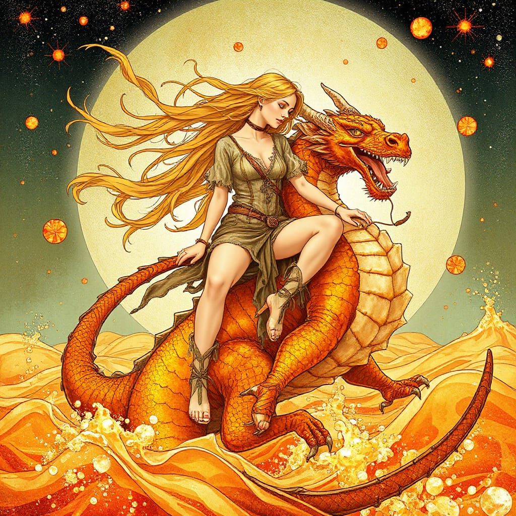 Golden-Haired Woman on Gummy Dragon in Soda Sea