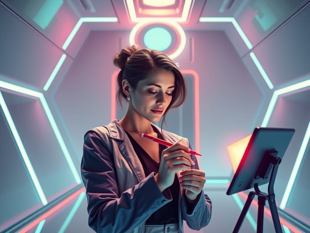 Futuristic Woman Painting in Neon Cyberpunk Room