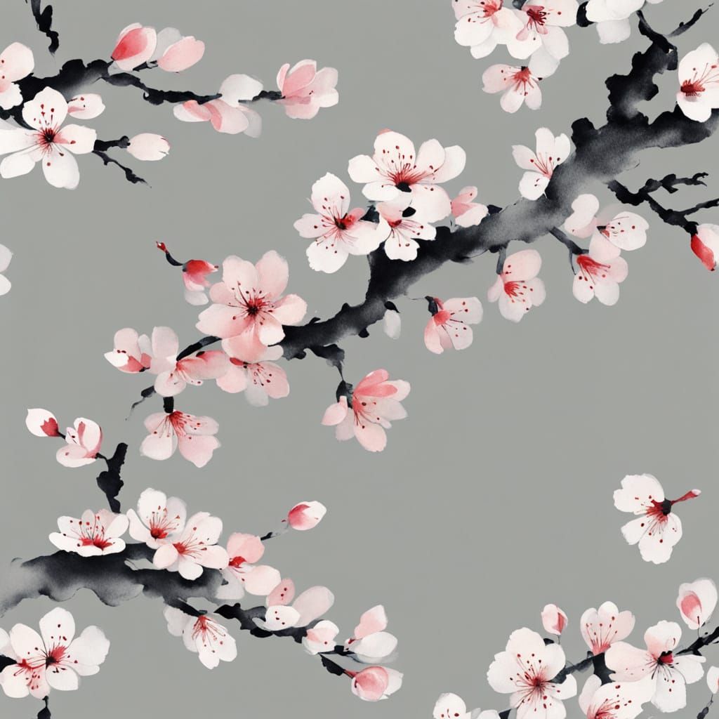 Delicate Cherry Blossom Branch in Soft Gray Hues