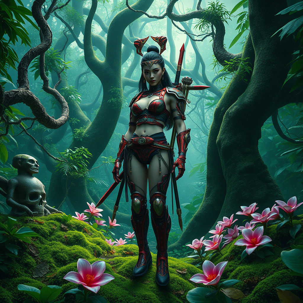 Asian Cyber-Samurai in Emerald Jungle, Matte Painting