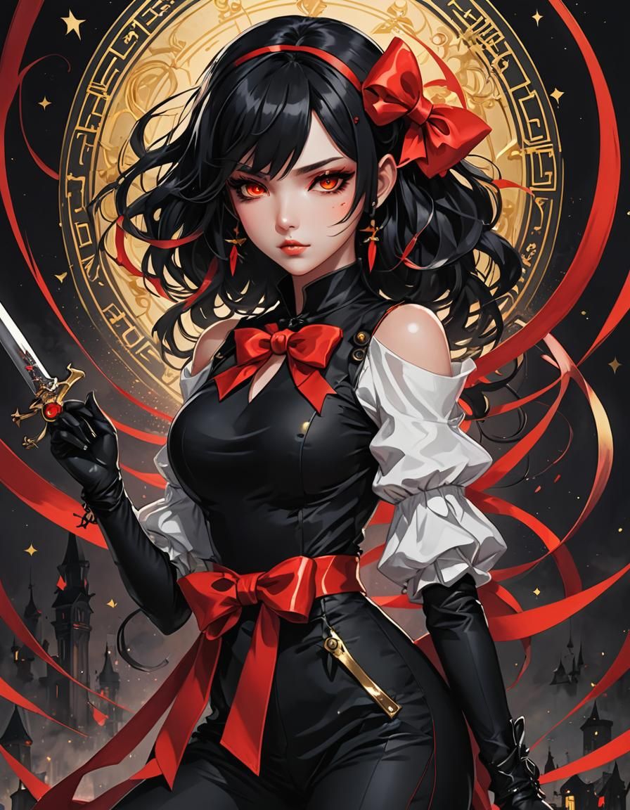 Anime Assassin with Red Eyes in Fairy Tale Style