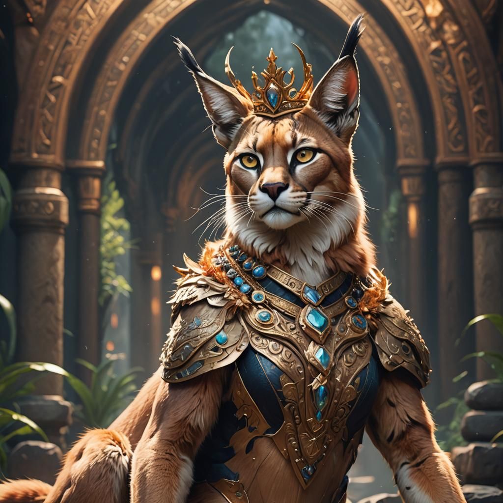 Anthropomorphic Caracal Woman with Tiara, Detailed Digital A...