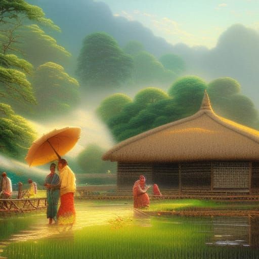 Ethereal Rice Field Hut: Hyperdetailed Fantasy Scene