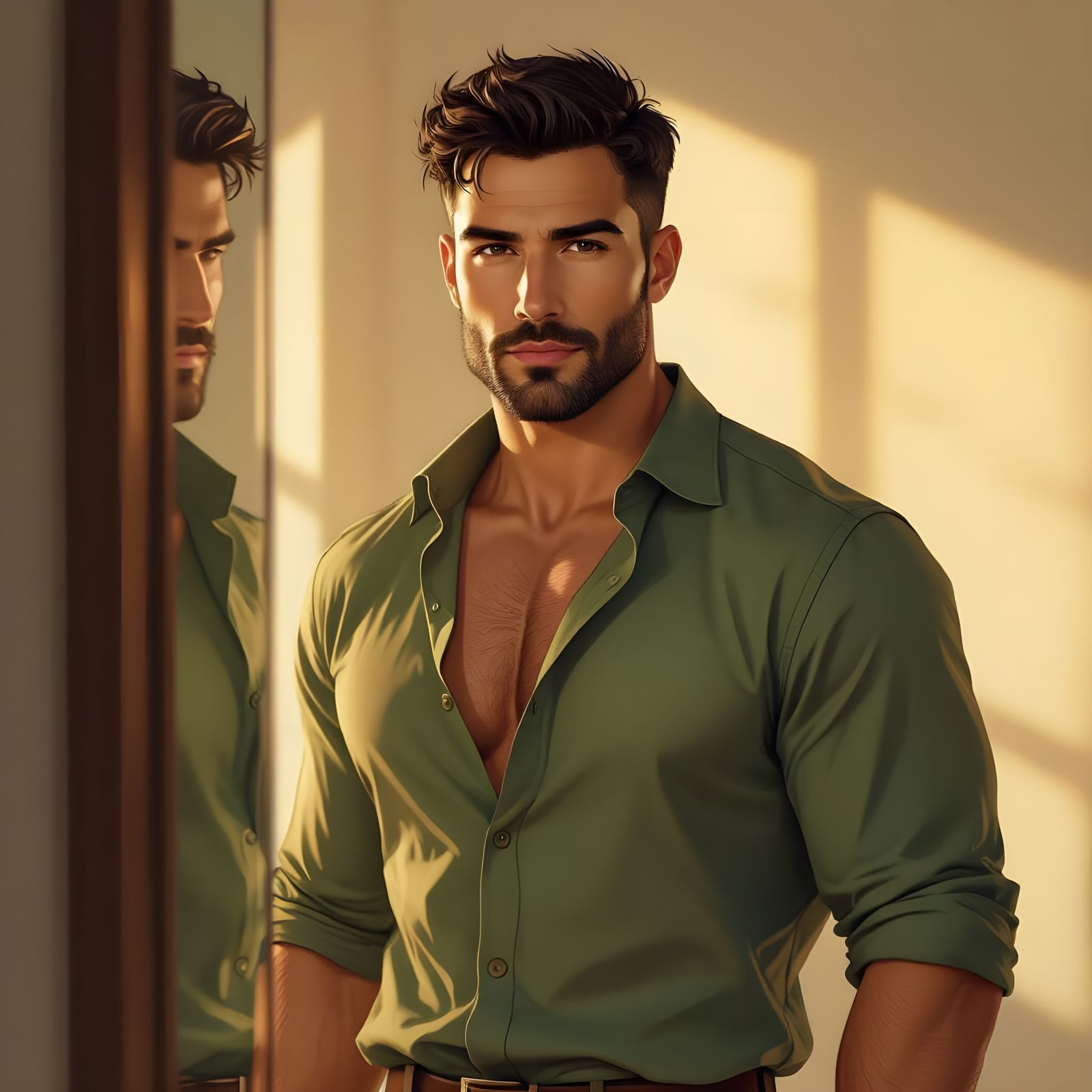 Confident Man with Olive Skin in Soft Light