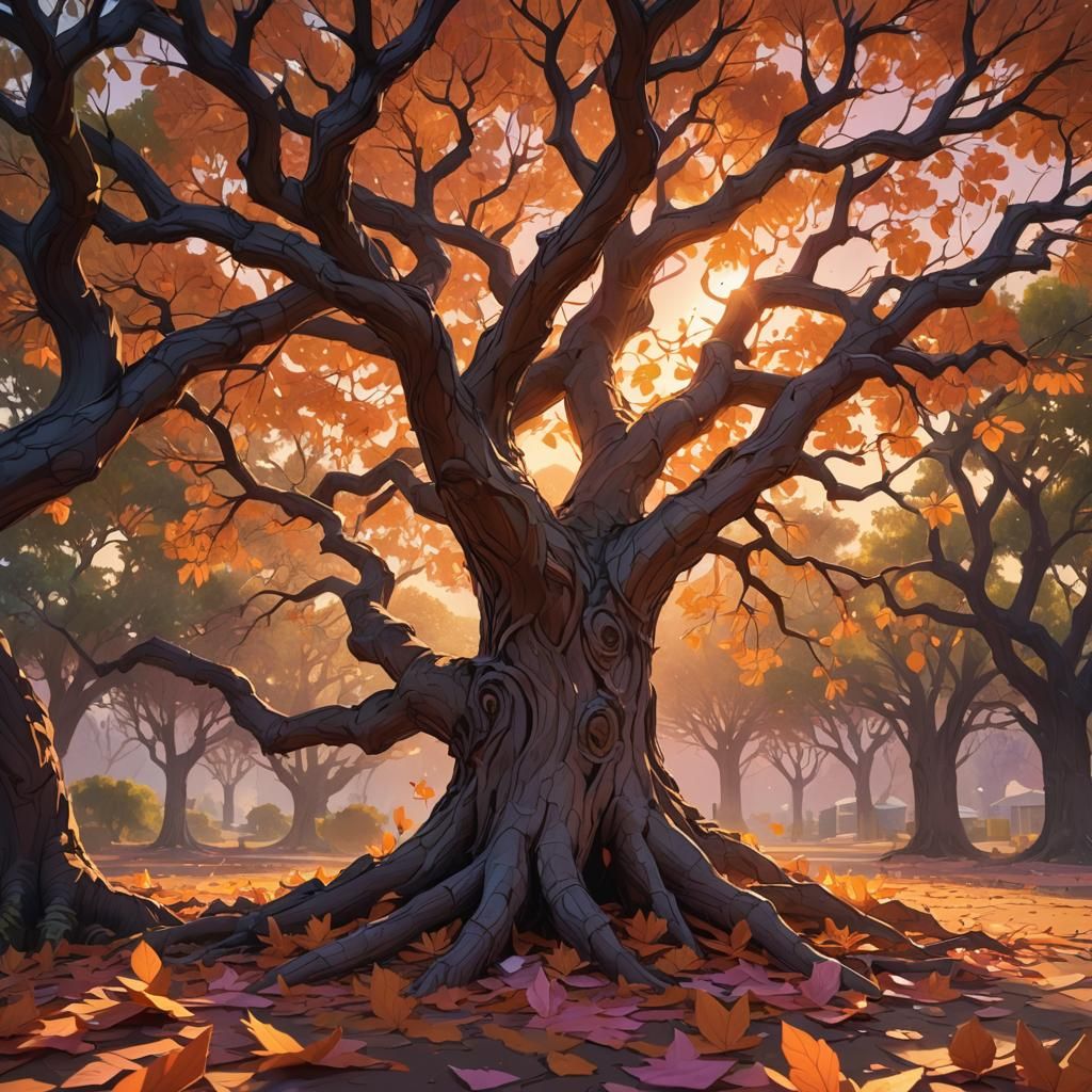 Irigani Tree with Paper Leaves in Expressive Splash Art