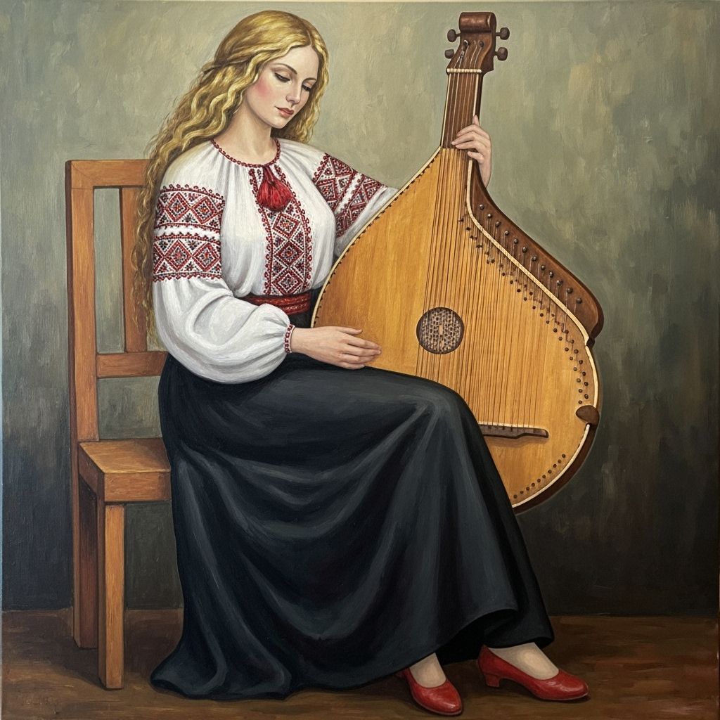 Ukrainian Woman Plays Bandura in Folk Art Style