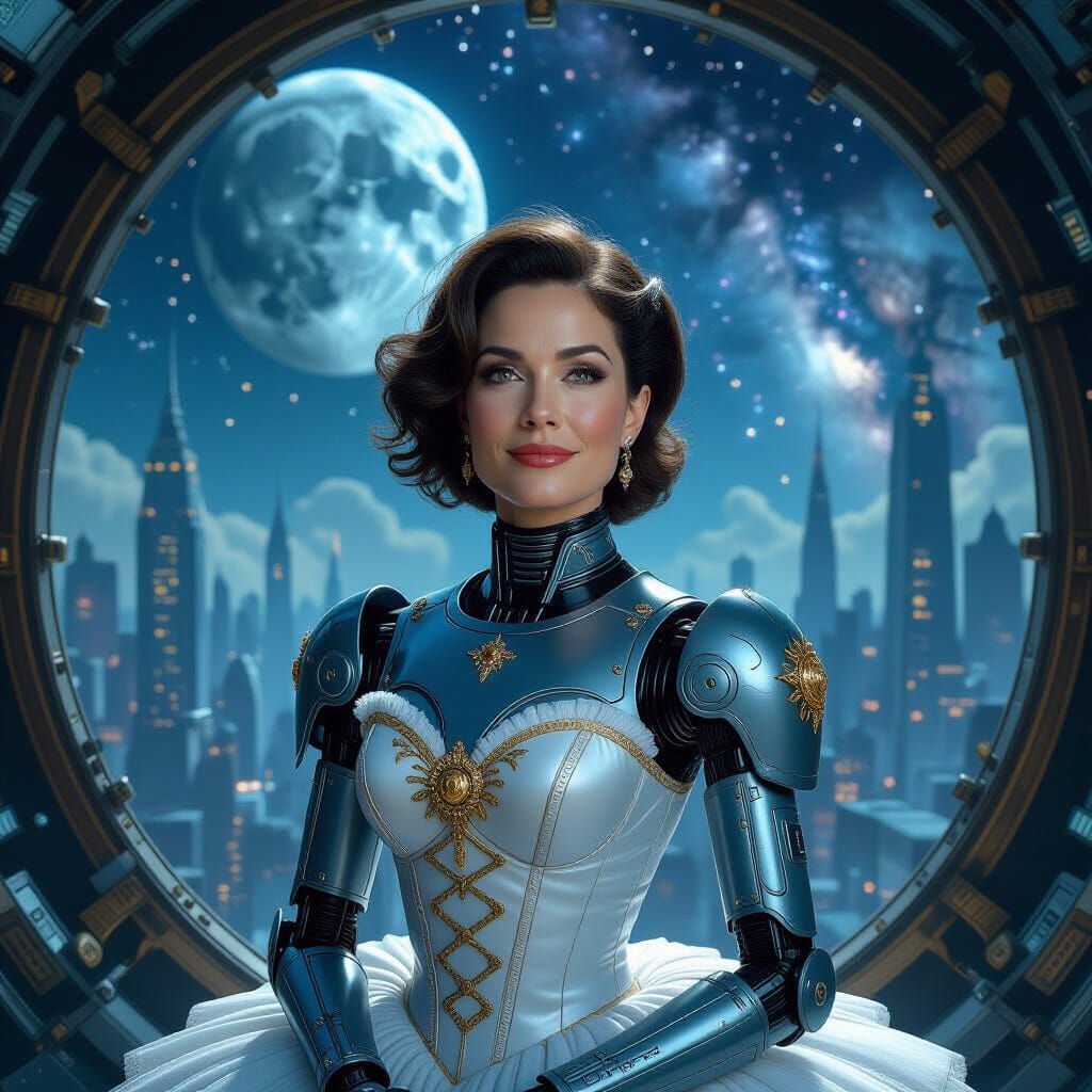 Robot Ballerina in Sci-Fi Metropolis: Gritty Photorealism
