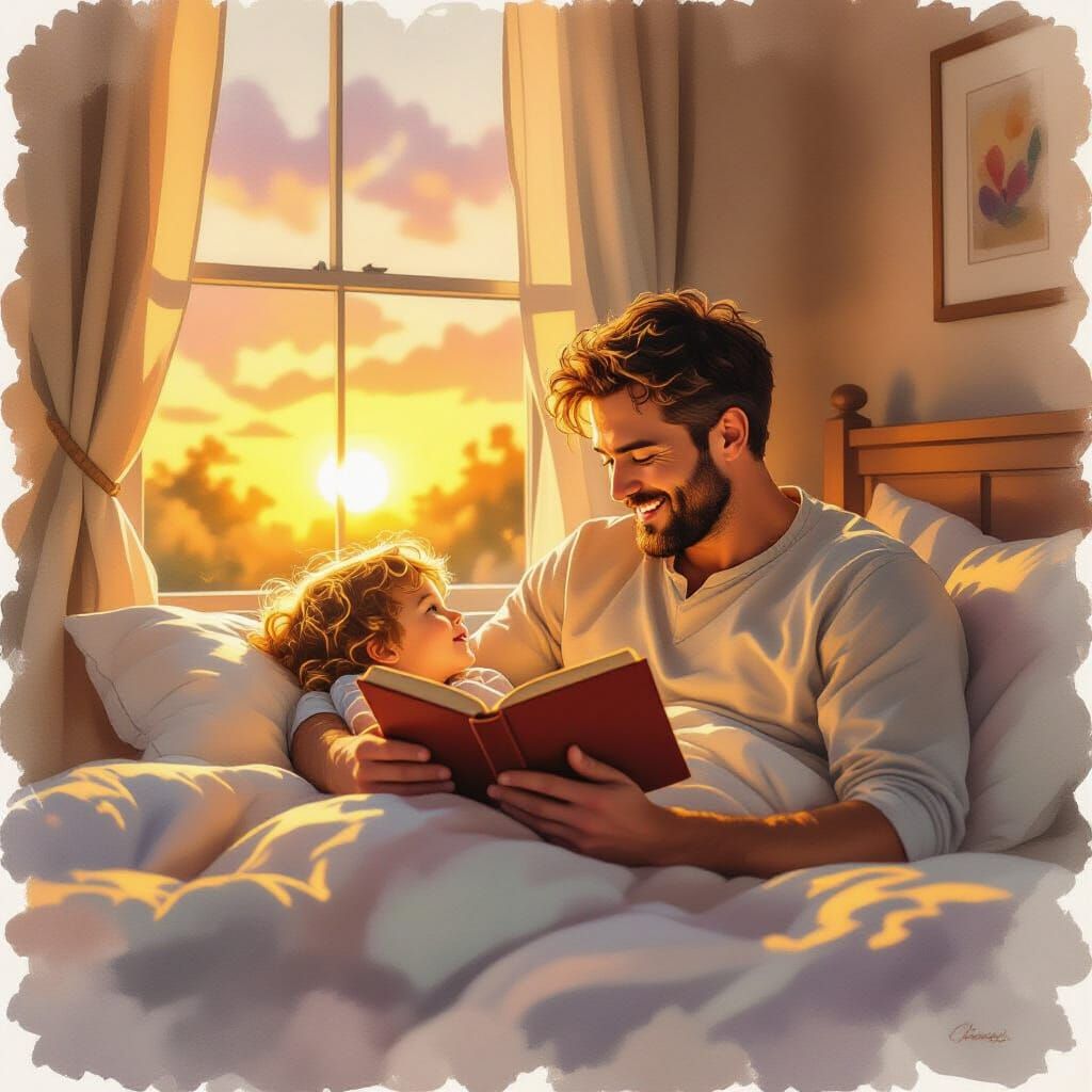 Father Reading Bedtime Story in Watercolor Sunset