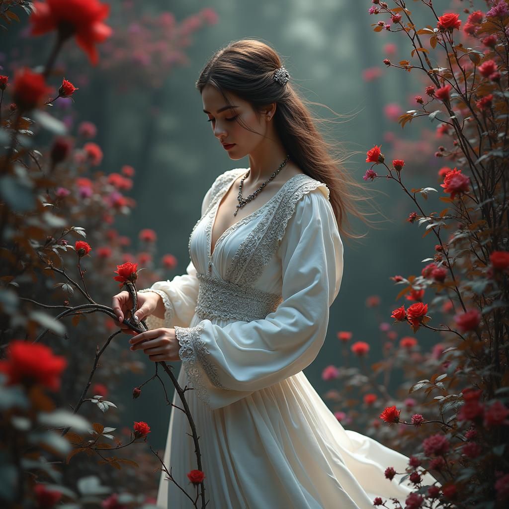 Mystical Maiden Cutting Roses in Lush Forest