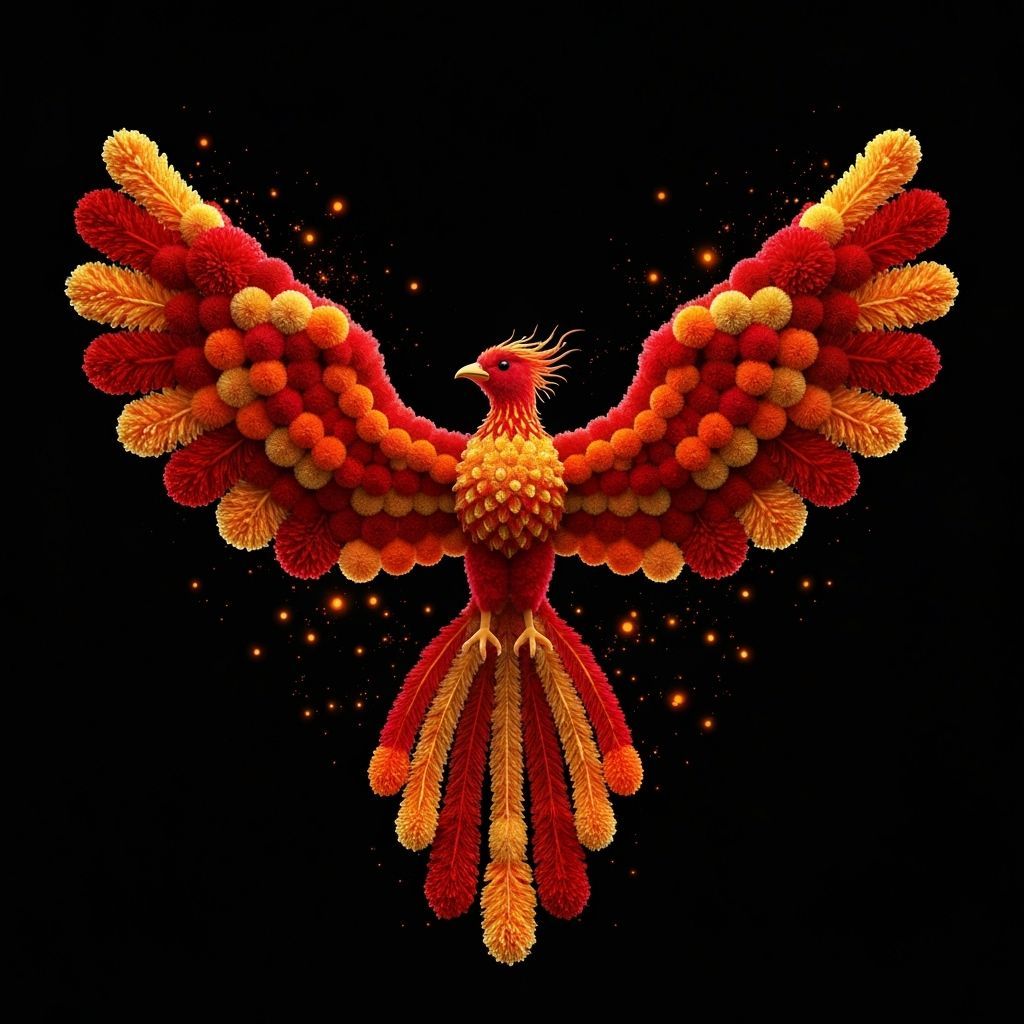 Fiery Pom Pom Phoenix Rising in the Night