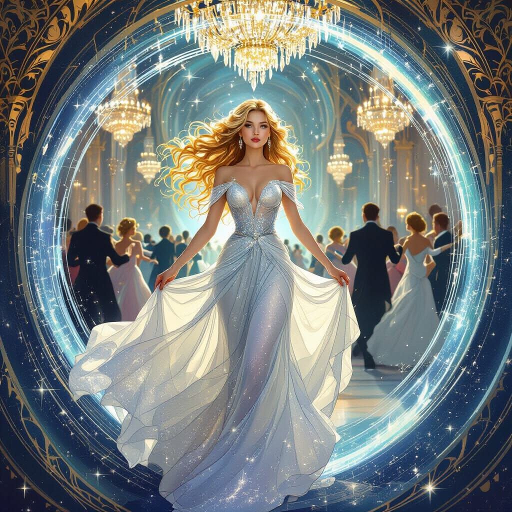 Stunning Woman Emerges from Temporal Vortex, Art Nouveau Sty...