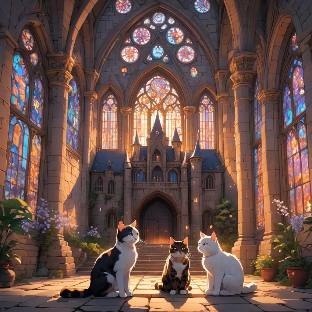 Cats Explore Mystical Castle in Anime Style
