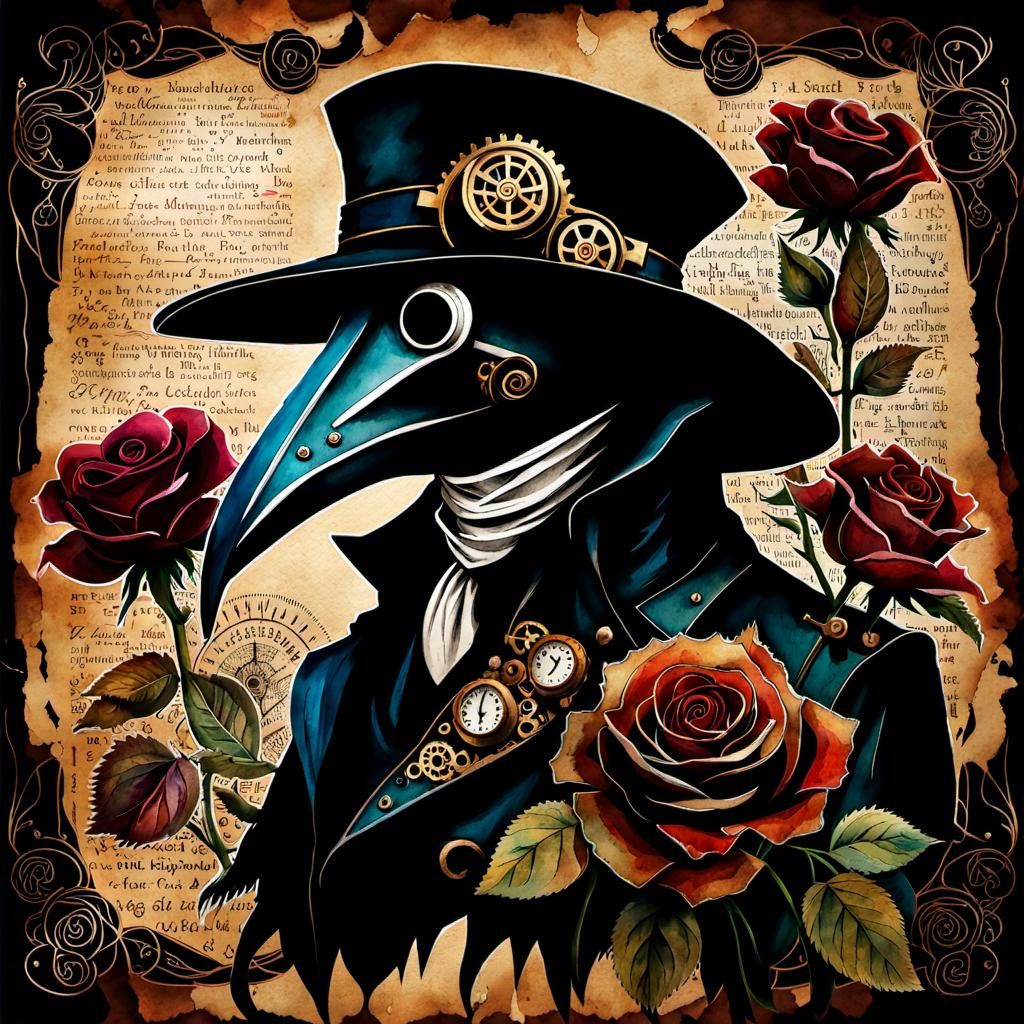 Steampunk Plague Doctor Watercolor with Roses