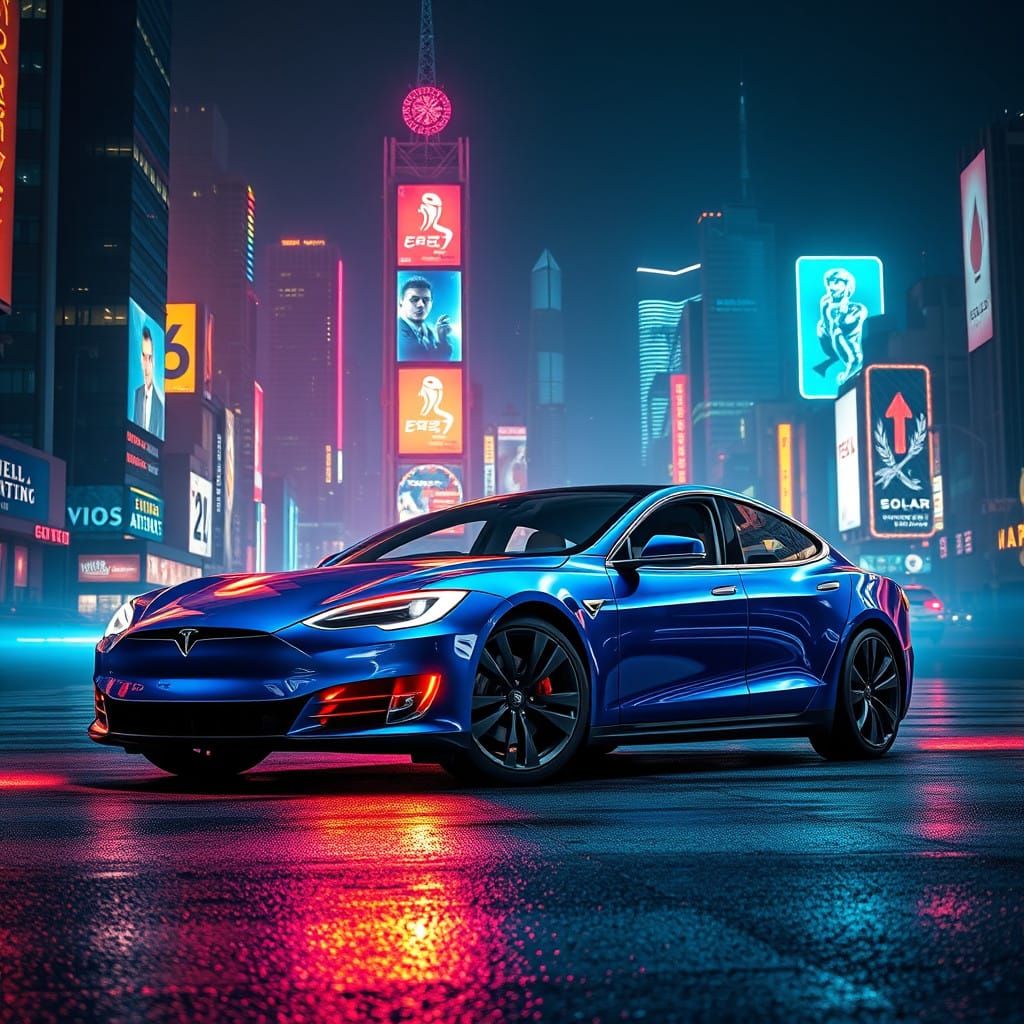 Sleek Metallic Blue Tesla Model S in Futuristic Cityscape