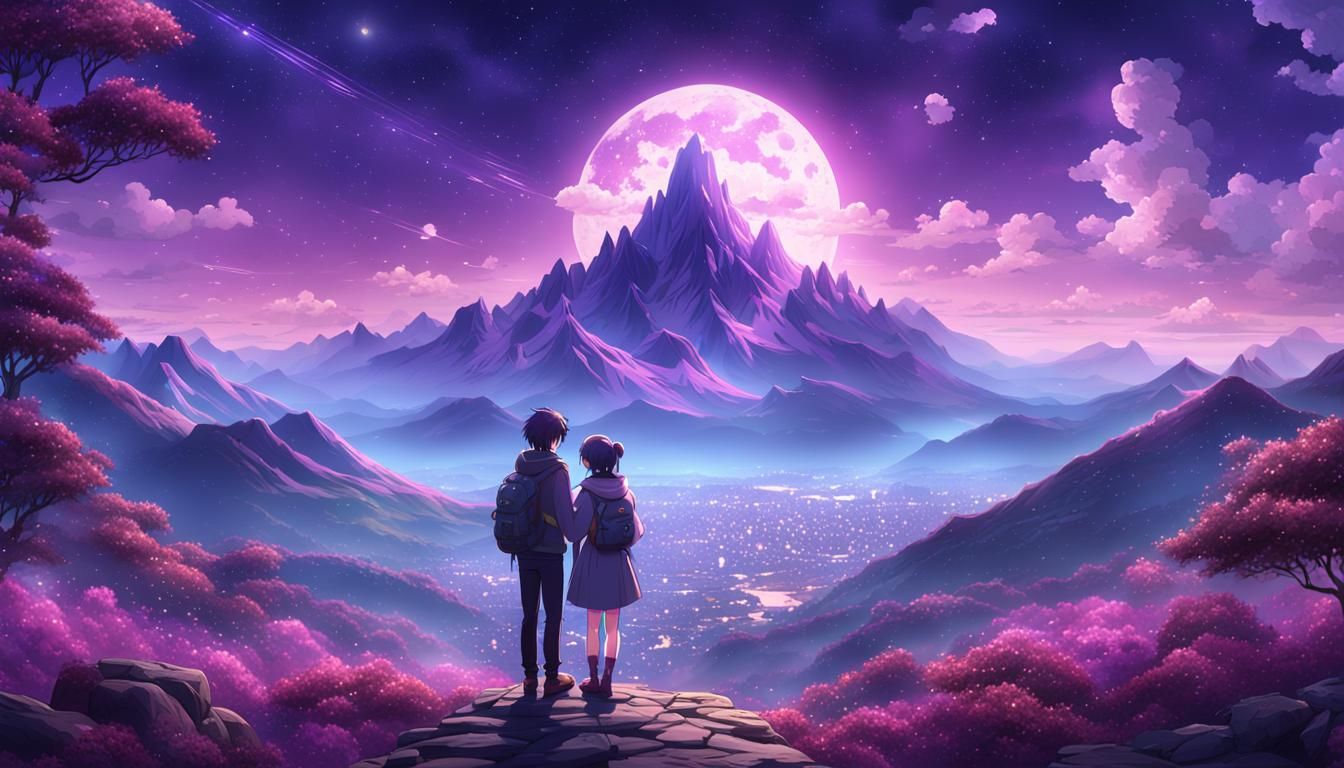 Loving Anime Couple Under Starry Mountain Sky