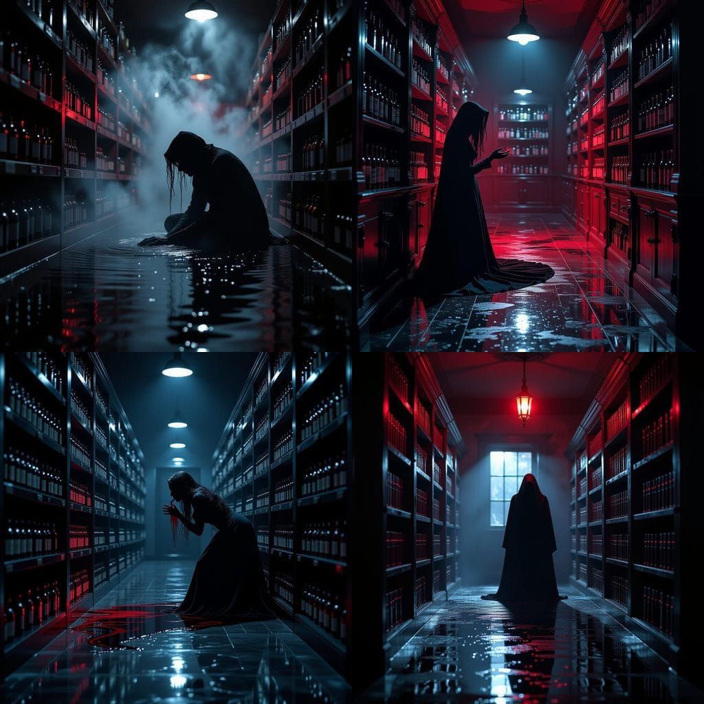 Eerie Pantry Scene with Shadow Forms in Red Glow