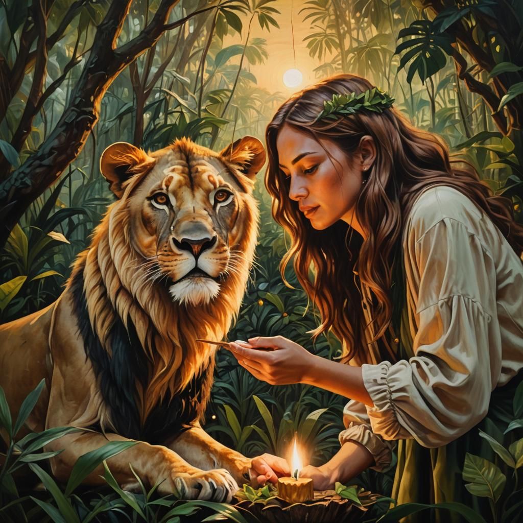 Girl and Lion in Jungle: Surreal Oil Painting