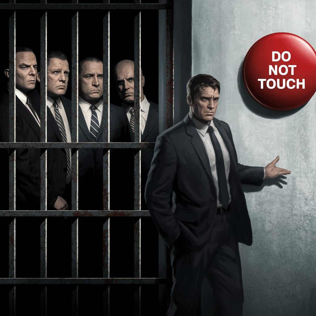 Four intimidating Mafia hoods, dressed in tailored suits and sporting menacing scowls, peer out from behind the rusty ba...