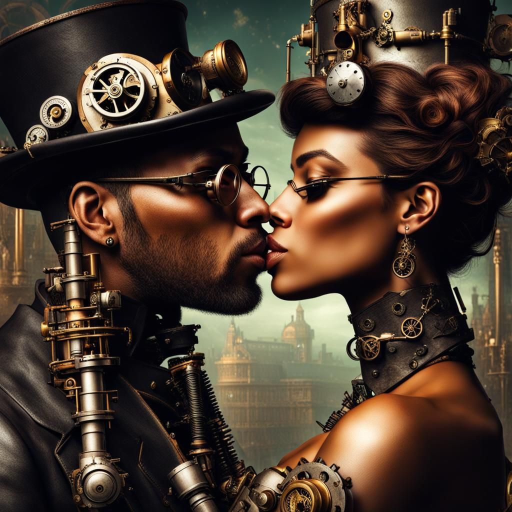 Steampunk-couple kissing