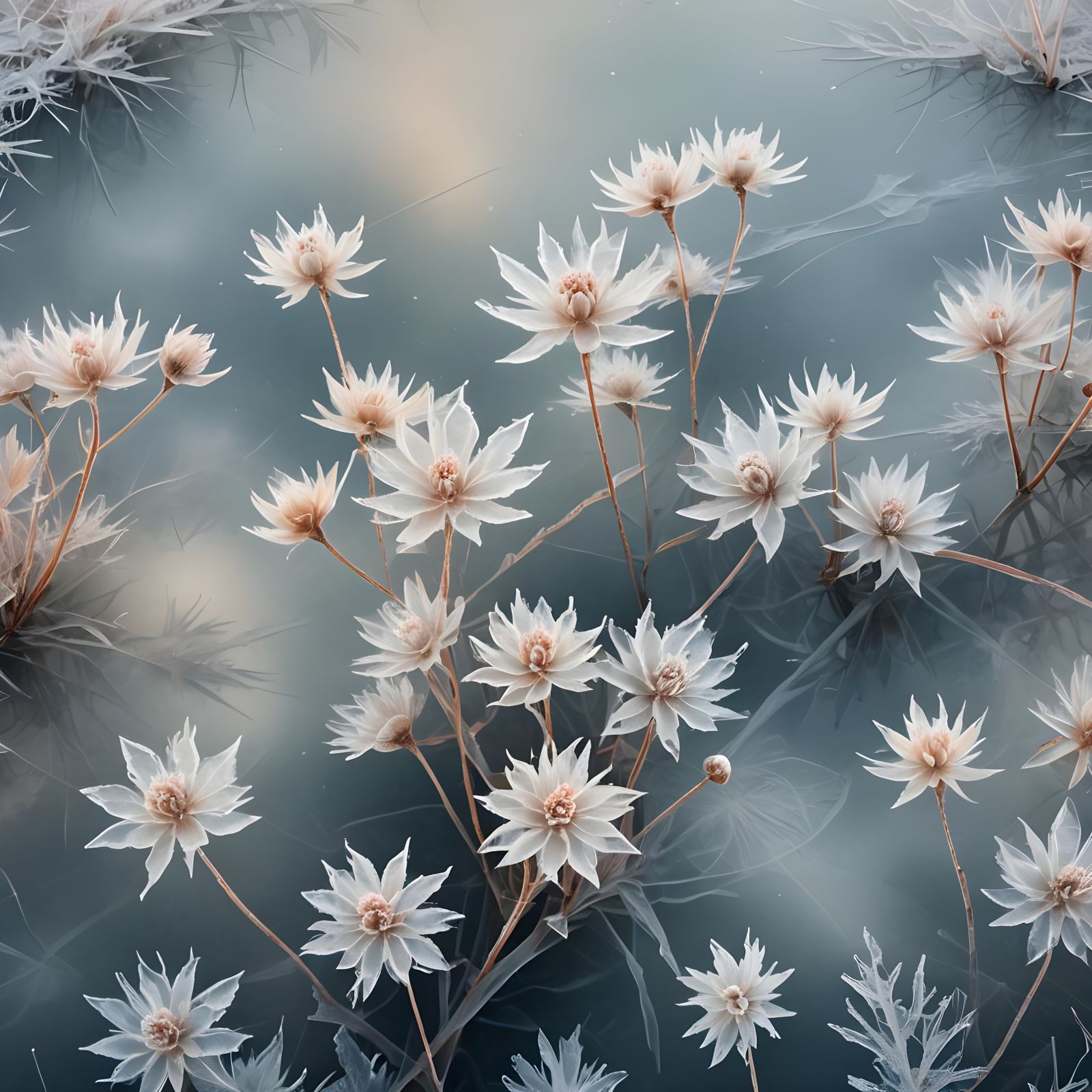 Intricate Ice Flowers on Frozen Water Surface