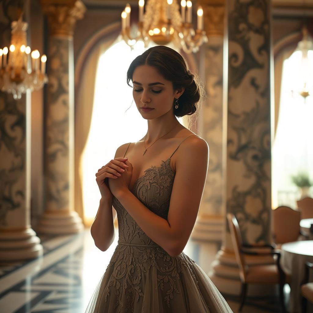 Elegant Young Woman Practicing Etiquette in Ballroom