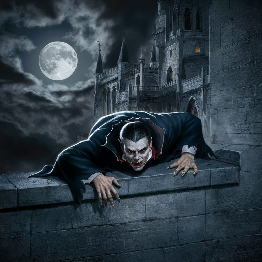 Dracula Crawling on Gothic Castle Wall