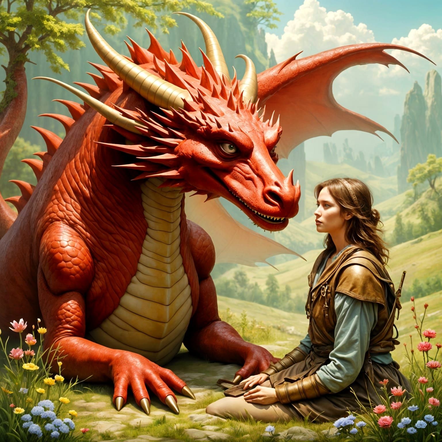 Majestic Red Dragon and Human Enjoying Summer Day