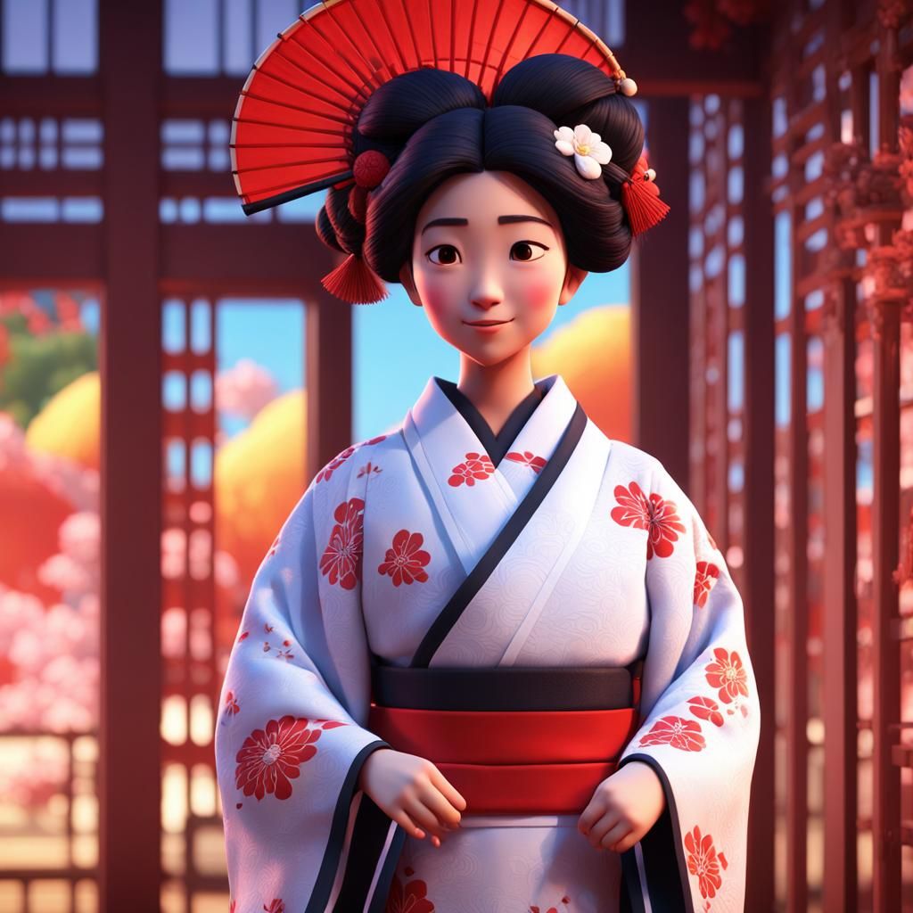 Japanese Woman in Kimono: 3D Digital Art