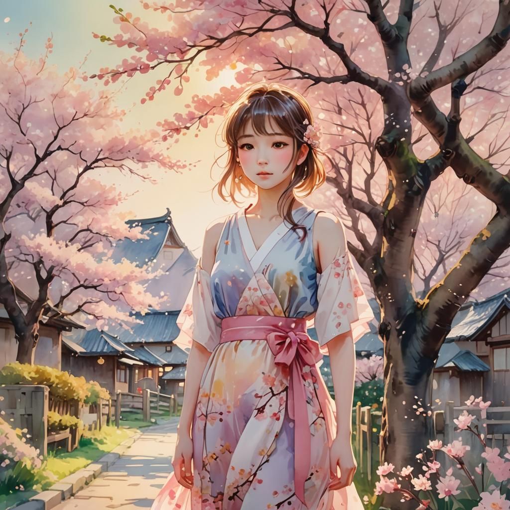 Cherry Blossom Girl: Japanese Watercolor Anime Art