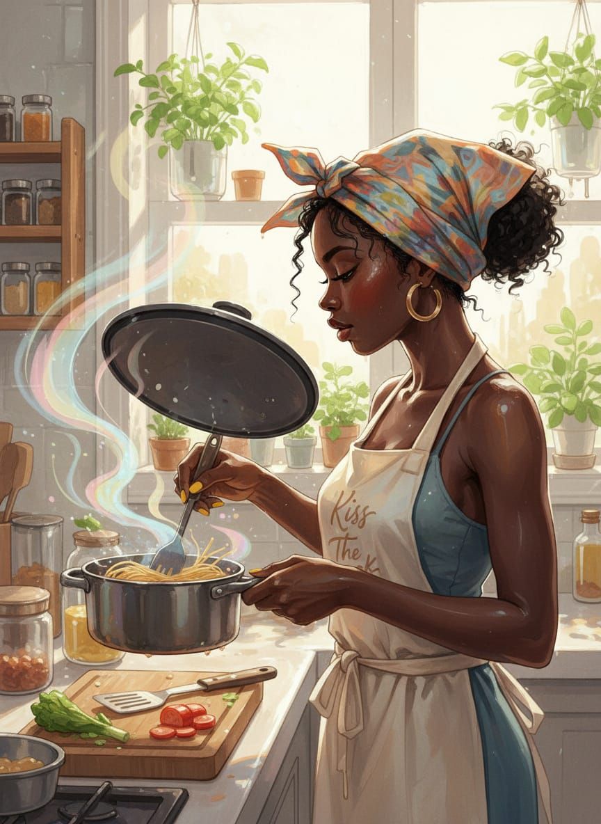 Black Woman Cooking Spaghetti in Kitchen: Wet Liquid Art