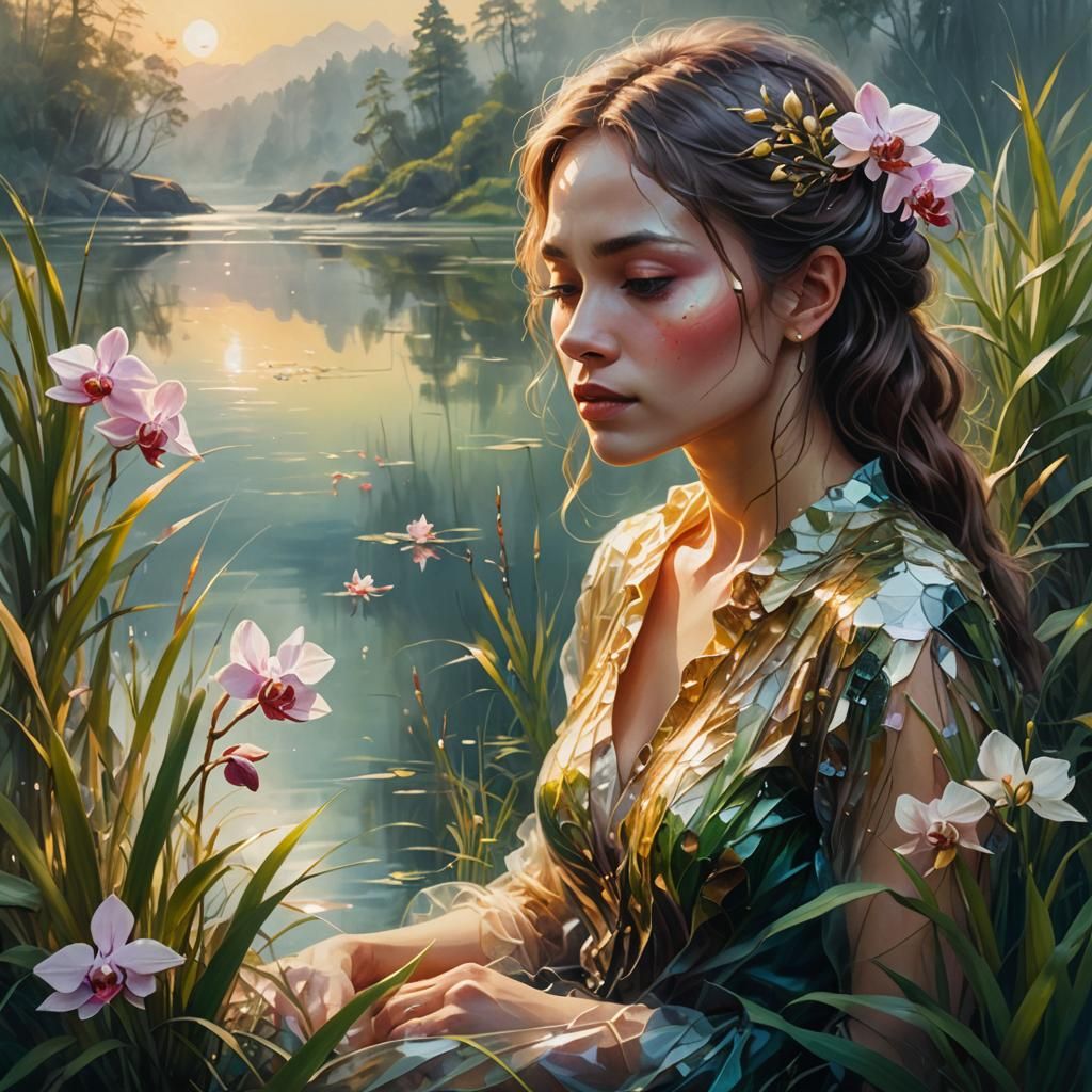 Surreal Woman with Orchids by Crystal Lake