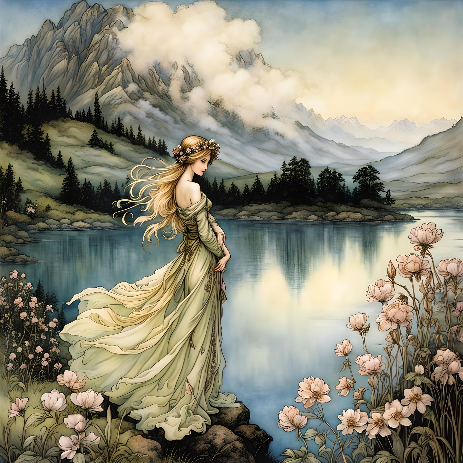 Landscape fantasy fairy background, flowers, lake, mountains...