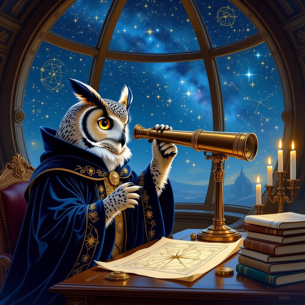 Owl Astronomer Peers Through Telescope at Starry Night